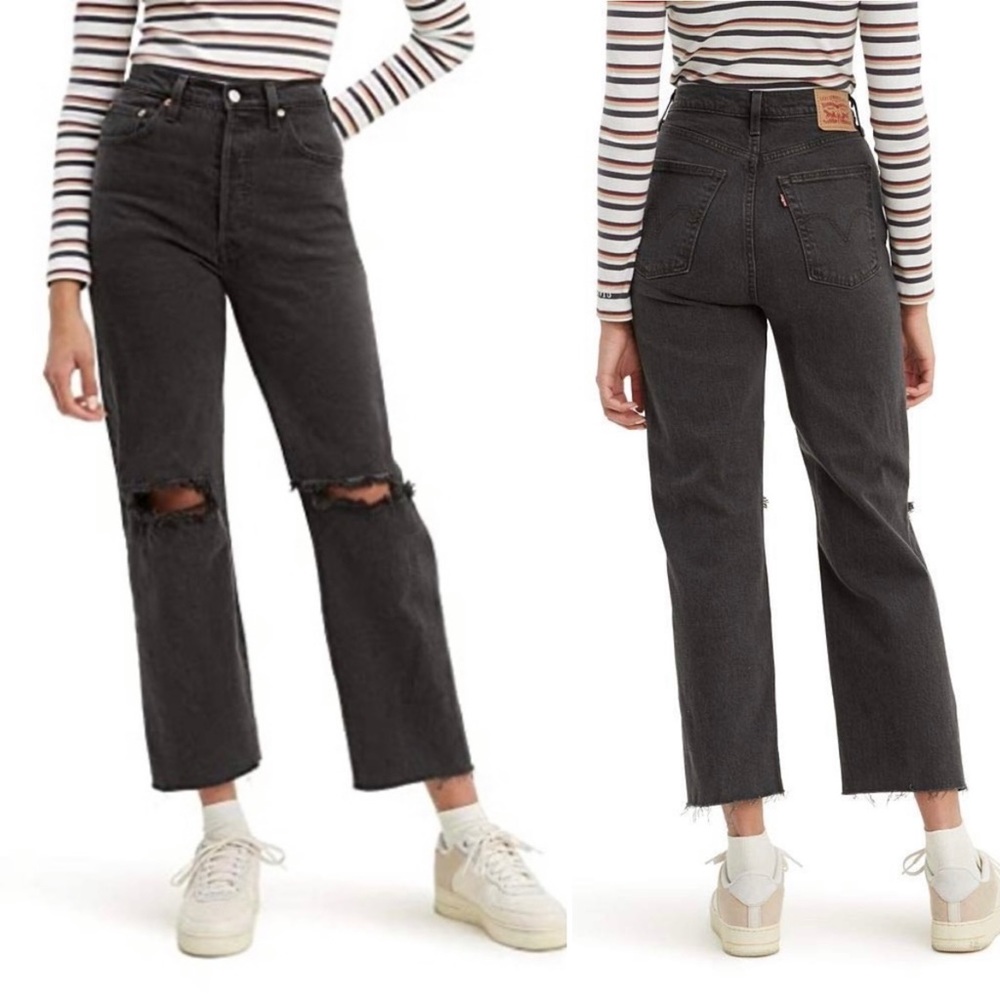 Levis Black Ribcage Straight Button Fly High Rise Cropped Jeans Size 24
